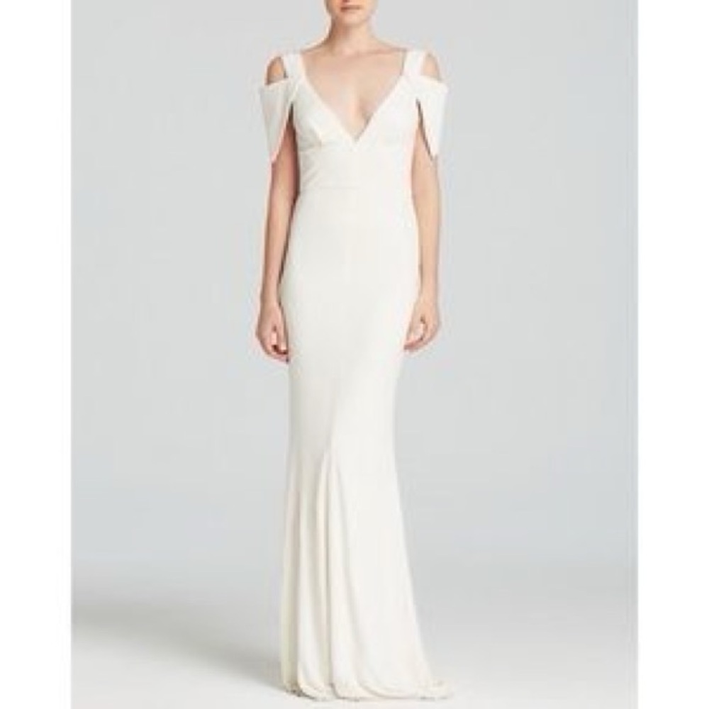 ABS Allen Schwartz Ivory Off-Shoulder V-Neck Wedding Gown